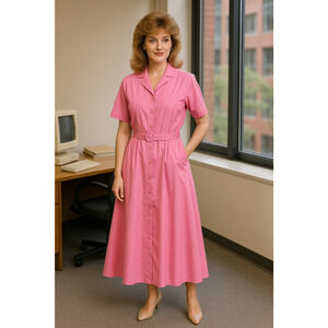 Vtg Willi of California Shirt Dress Womens 8 Pink Belted Button Front USA 80s